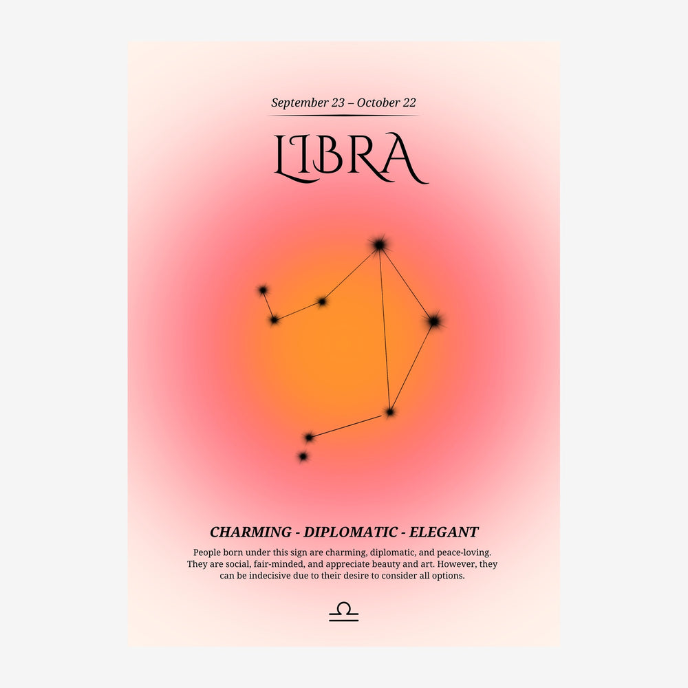 Affiche rose et orange montrant la constellation de la Libra dessinée avec des points reliés par des lignes noires sur un.
