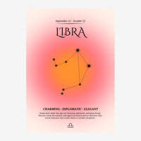 Affiche rose et orange montrant la constellation de la Libra dessinée avec des points reliés par des lignes noires sur un.