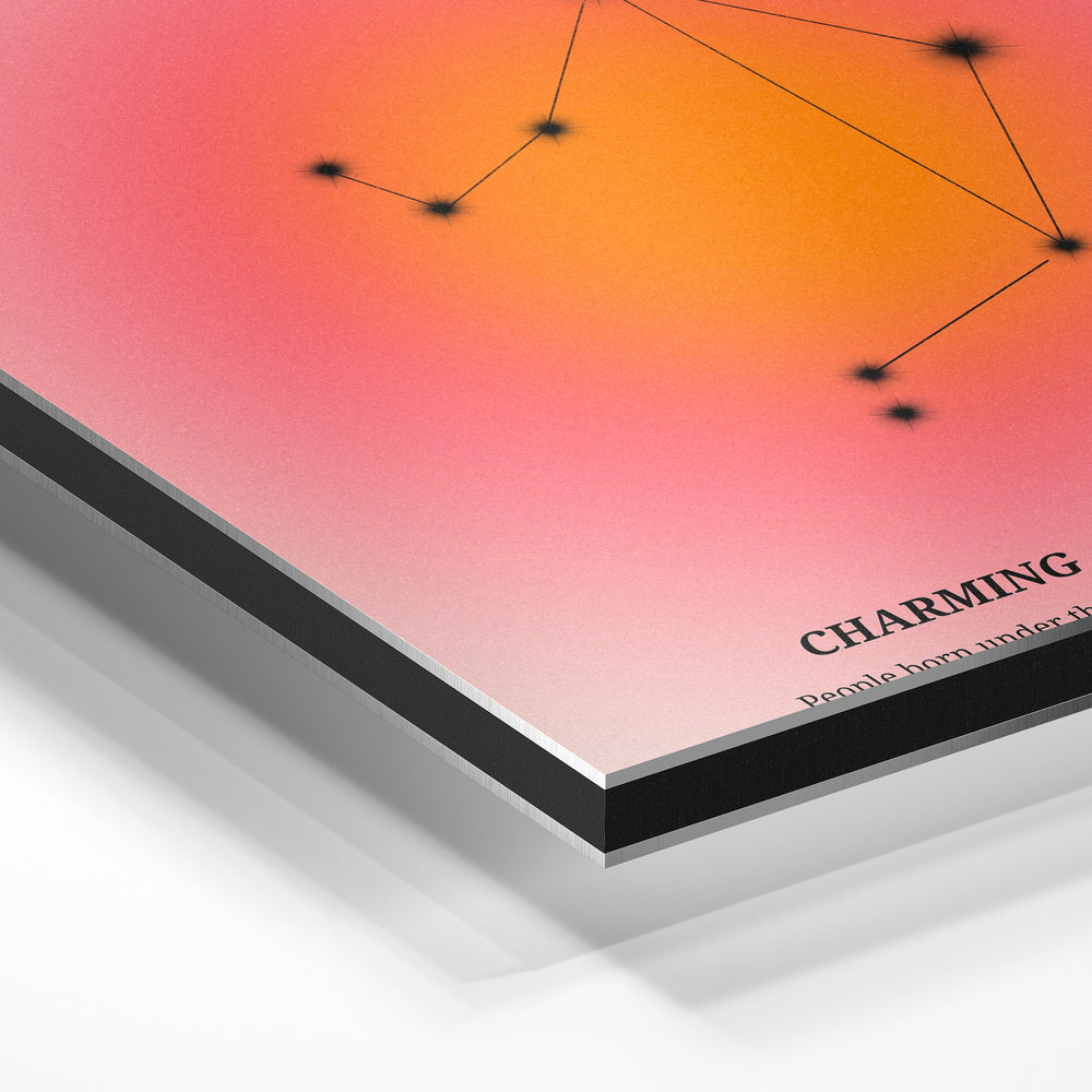 Gros plan de la matière : le tirage contrecollé sur aluminium Dibond mat, tranche visible.