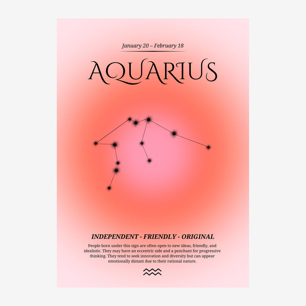 Affiche rose et corail présentant la constellation du Verseau en points noirs reliés par des lignes, avec le texte du signe.