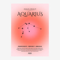 Affiche rose et corail présentant la constellation du Verseau en points noirs reliés par des lignes, avec le texte du signe.