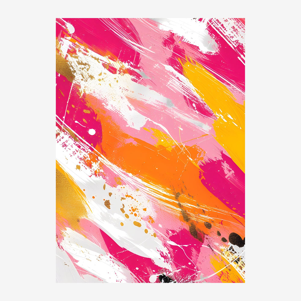Composition abstraite avec des coups de pinceau rose fuchsia, orange et jaune sur fond blanc, agrémentée d'éclaboussures.