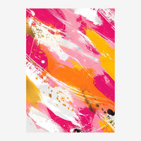 Composition abstraite avec des coups de pinceau rose fuchsia, orange et jaune sur fond blanc, agrémentée d'éclaboussures.