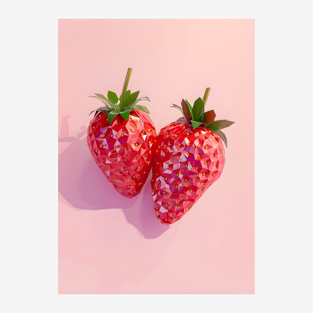 Deux fraises stylisées aux formes géométriques rouges et roses sur fond rose clair, avec ombres mauves et feuillages verts.