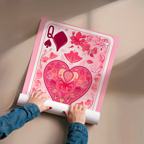 Carte à jouer Reine de cœur rose et blanc — Poster HP mat