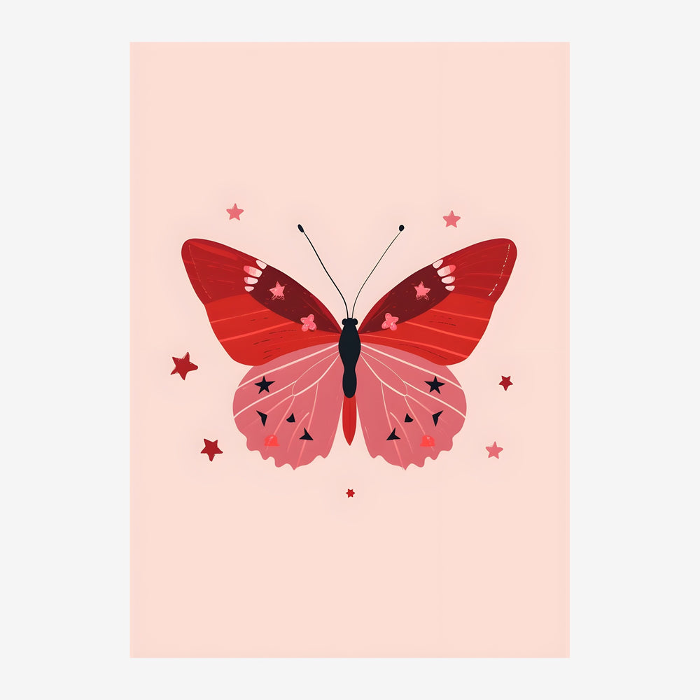 Papillon aux ailes rouges et roses ornées de motifs géométriques, avec antennes et corps noir, entouré d'étoiles rouges sur.