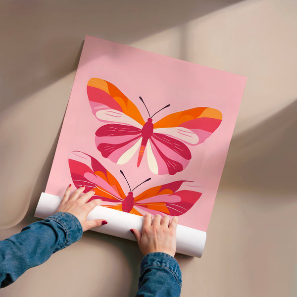 Papillons roses et orange, style géométrique — Poster HP mat