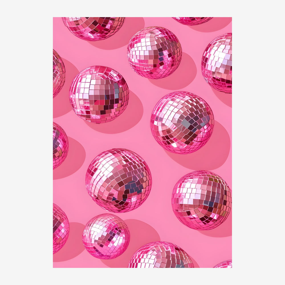 Affiche pop art rose présentant plusieurs boules à facettes brillantes avec reflets blancs et violets, disposées sur fond.