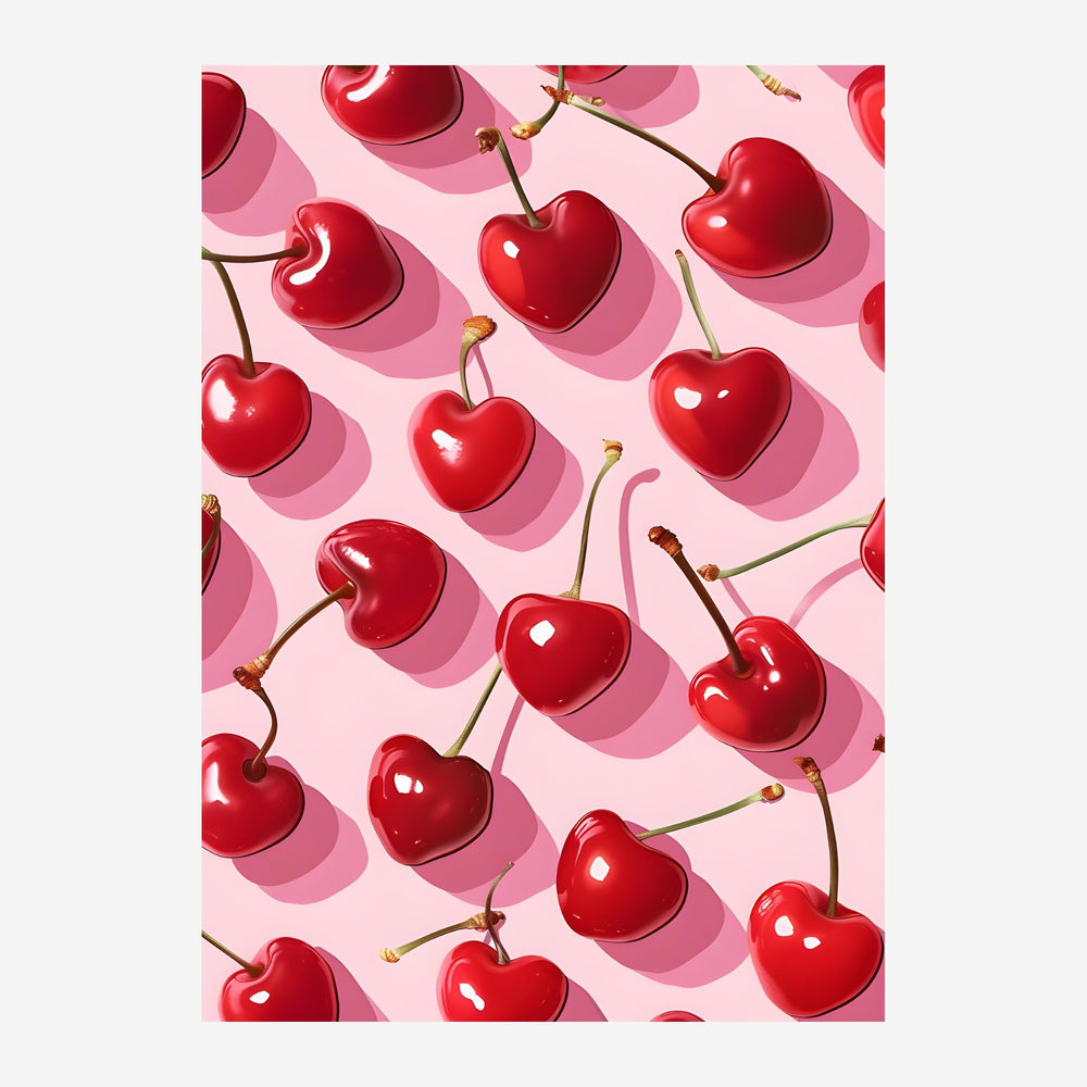 Affiche présentant des cerises rouges en forme de cœur avec des tiges vertes sur un fond rose poudré avec ombres roses.