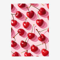 Affiche présentant des cerises rouges en forme de cœur avec des tiges vertes sur un fond rose poudré avec ombres roses.