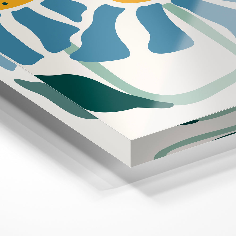 Gros plan de la matière : le tirage sous verre acrylique, tranche transparente visible.