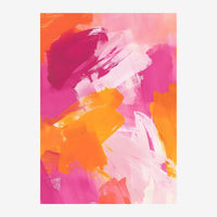Abstrait composé de coups de pinceau en roses, orange et magenta sur fond blanc, style expressif et gestuel.