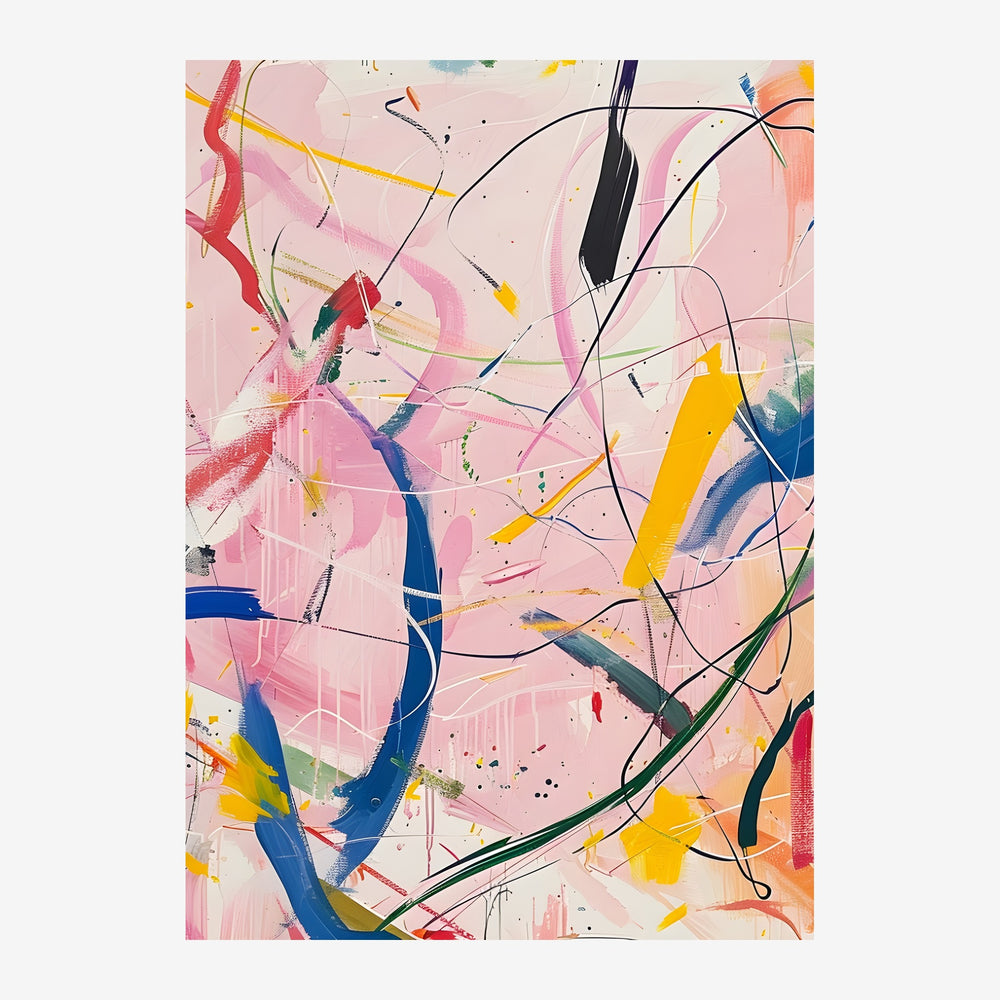 Composition abstraite géométrique sur fond rose poudré, avec des traits et formes en bleu, jaune, rouge et noir entrecroisés.