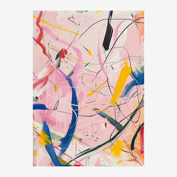Composition abstraite géométrique sur fond rose poudré, avec des traits et formes en bleu, jaune, rouge et noir entrecroisés.