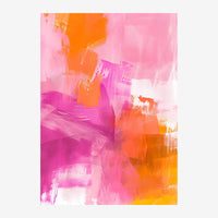 Affiche abstraite composée de coups de pinceau rose, orange et magenta entrelacés sur un fond blanc et rose pâle.