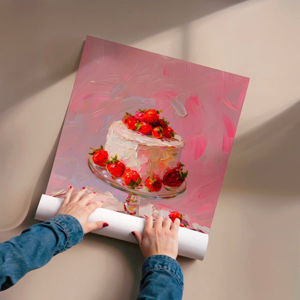Gâteau aux fraises rose poudré et rouge vif — Poster HP mat