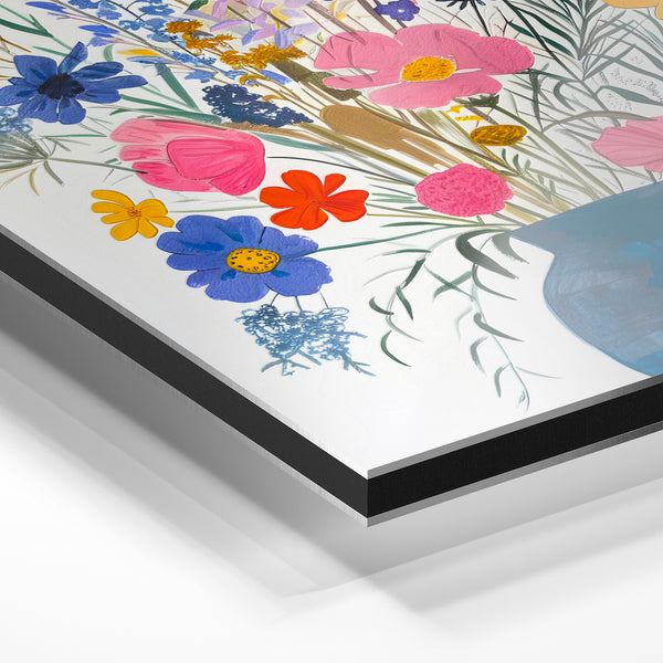 Bouquet botanique multicolore dans vase bleu — Aluminium Dibond relief 3D