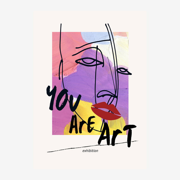 Affiche pop art avec collage de formes géométriques rose, violet et jaune, traits noirs stylisés formant des yeux et des.