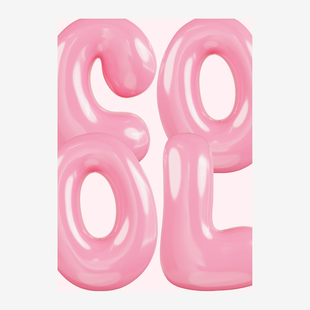 Affiche composée de trois grandes lettres en relief, rose poudré et blanc, avec un rendu 3D brillant sur fond très clair.