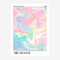 Affiche abstraite avec des formes ondulantes en rose, bleu ciel, jaune et menthe formant un motif fluide et organique.
