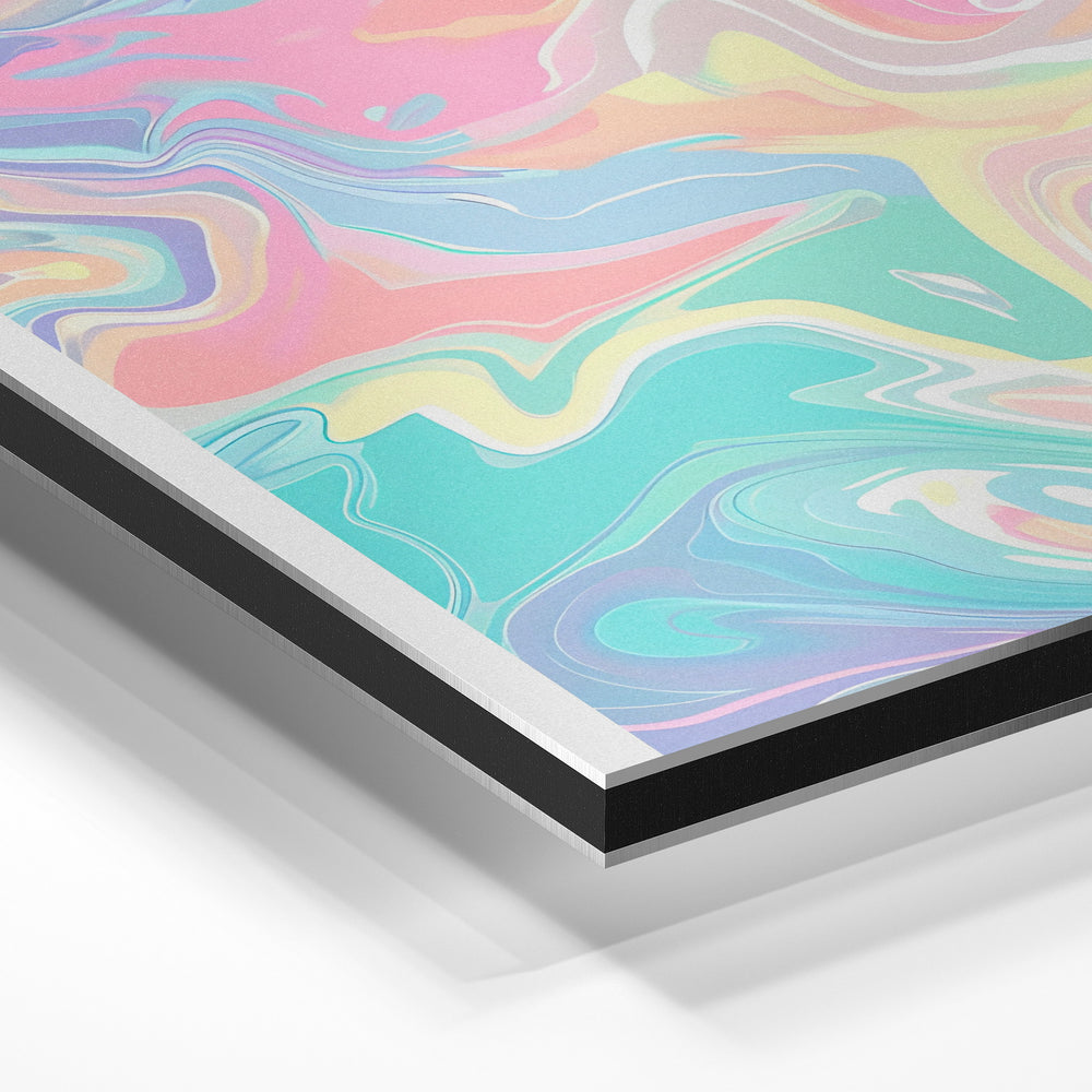 Gros plan de la matière : le tirage contrecollé sur aluminium Dibond mat, tranche visible.