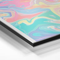 Gros plan de la matière : le tirage contrecollé sur aluminium Dibond mat, tranche visible.