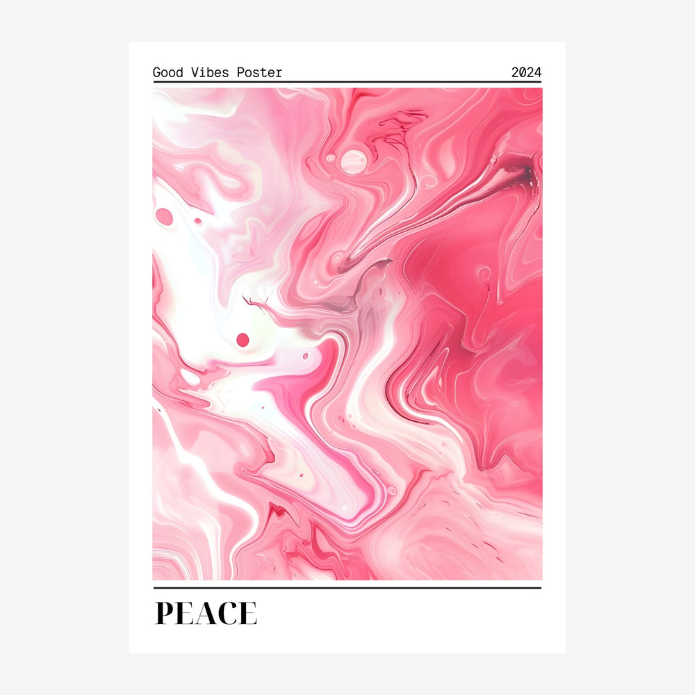 Affiche abstraite aux formes fluides ondulantes en dégradés de rose, corail et blanc, avec le titre « Good Vibes » et le mot.
