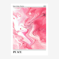 Affiche abstraite aux formes fluides ondulantes en dégradés de rose, corail et blanc, avec le titre « Good Vibes » et le mot.