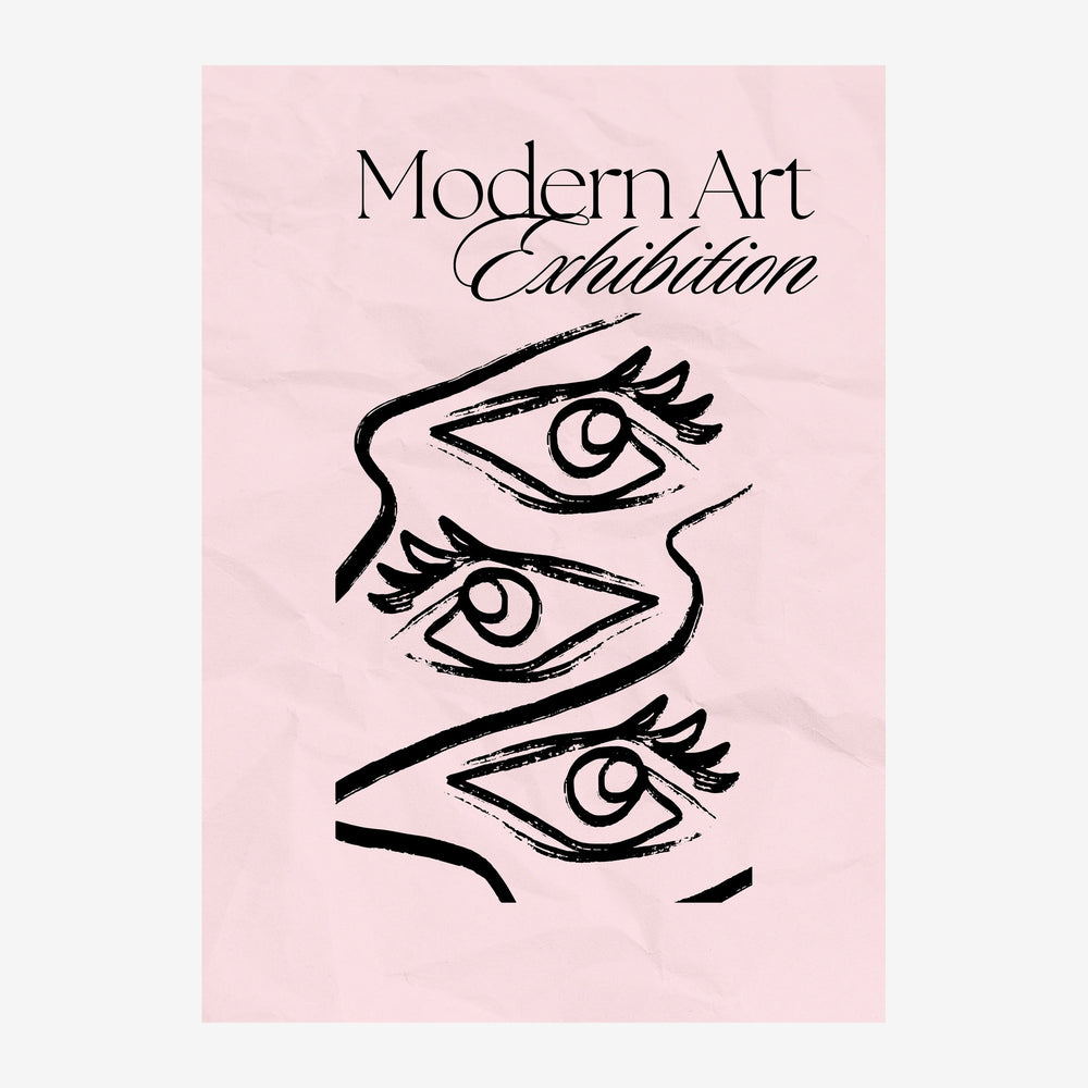 Affiche rose avec texte « Modern Art Exhibition » en haut et trois yeux stylisés en trait noir alignés verticalement en.