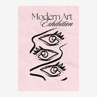 Affiche rose avec texte « Modern Art Exhibition » en haut et trois yeux stylisés en trait noir alignés verticalement en.