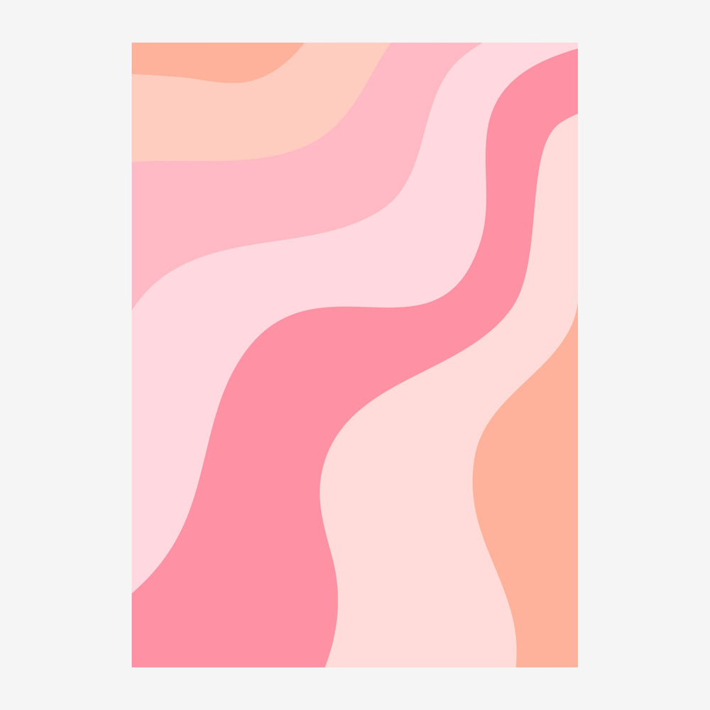 Affiche abstraite composée de formes ondulantes dans les tons rose, pêche et beige clair s'entrecroisent en courbes fluides.