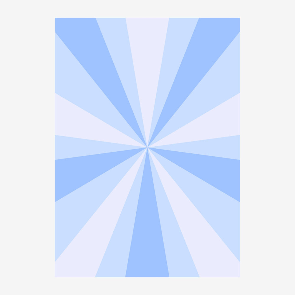 Composition abstraite en portrait avec des rayons bleu ciel et blanc alternés irradiant d'un point central, sur fond blanc.