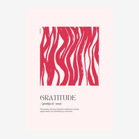Affiche avec le mot Gratitude en grandes lettres, sous un motif abstrait de vagues roses et rouges ondulantes sur fond blanc.