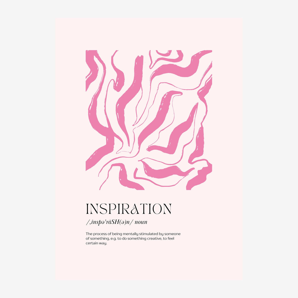 Affiche minimaliste avec des formes abstraites ondulantes rose et blanc, accompagnées du mot « Inspiration » et de sa.