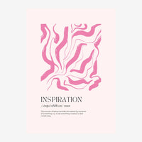 Affiche minimaliste avec des formes abstraites ondulantes rose et blanc, accompagnées du mot « Inspiration » et de sa.