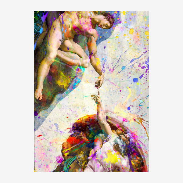 Deux figures nues enlacées, recouvertes de projections colorées violettes, roses, jaunes et bleues sur un fond gris clair.