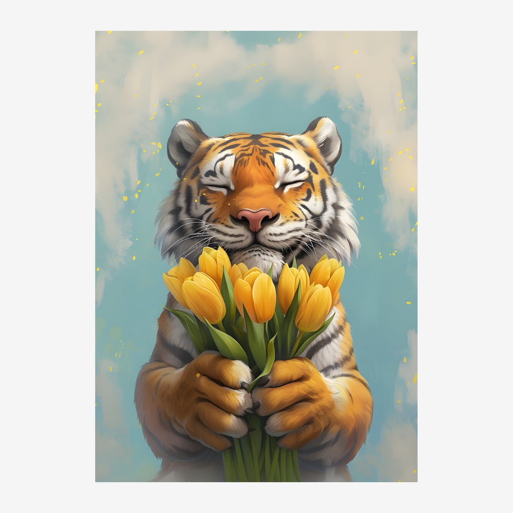 Un tigre orange et blanc en gros plan tient un bouquet de tulipes jaunes entre ses pattes, sur un fond de ciel nuageux bleu.