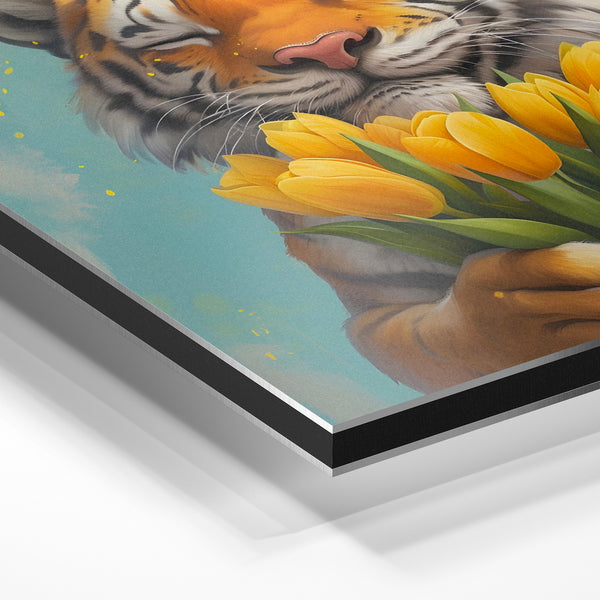 Tigre jaune tendresse et tulipes jaunes art — Aluminium Dibond