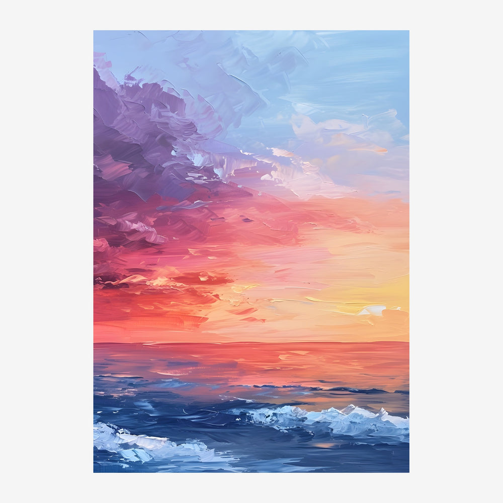 Un coucher de soleil dramatique sur l'océan avec un ciel dégradé de rose, orange et jaune surplombant une mer agitée de bleu.