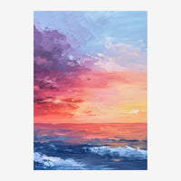 Un coucher de soleil dramatique sur l'océan avec un ciel dégradé de rose, orange et jaune surplombant une mer agitée de bleu.