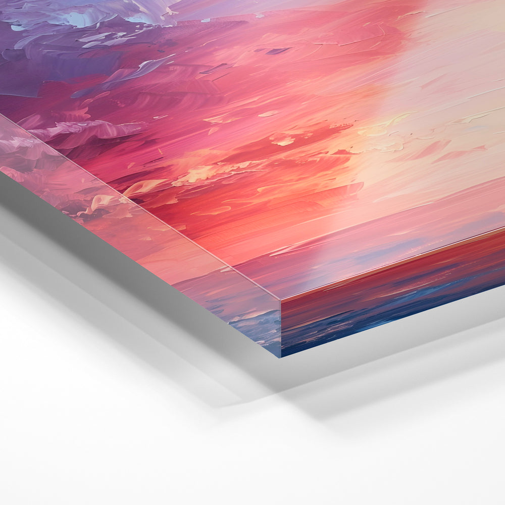 Gros plan de la matière : le tirage sous verre acrylique, tranche transparente visible.