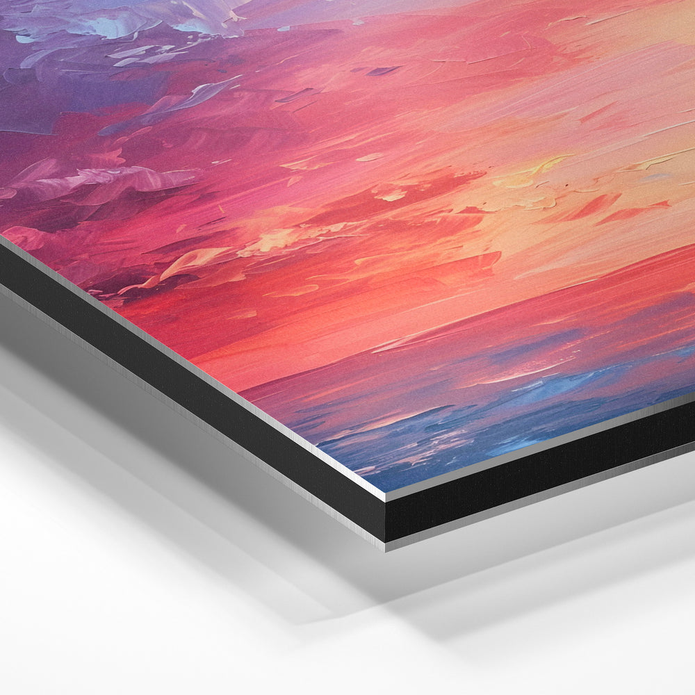 Gros plan de la matière : le tirage contrecollé sur aluminium Dibond mat, tranche visible.