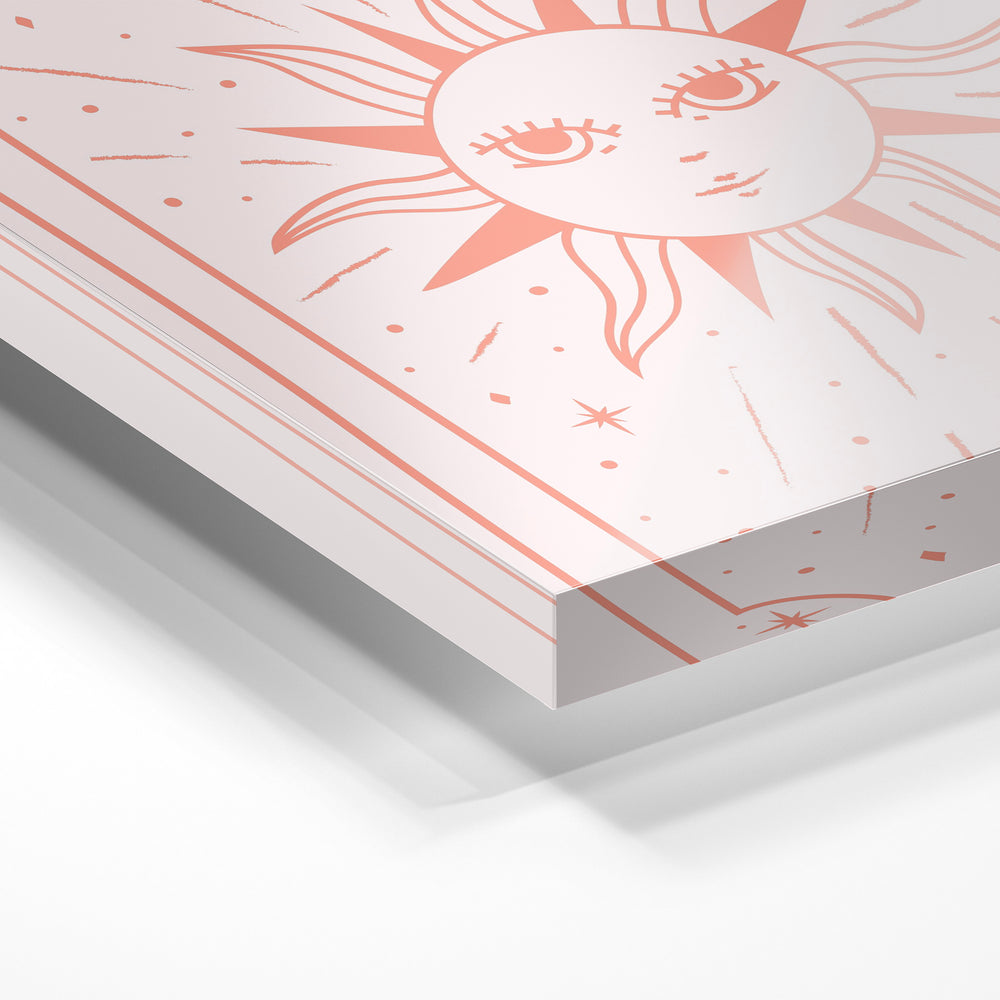 Gros plan de la matière : le tirage sous verre acrylique, tranche transparente visible.