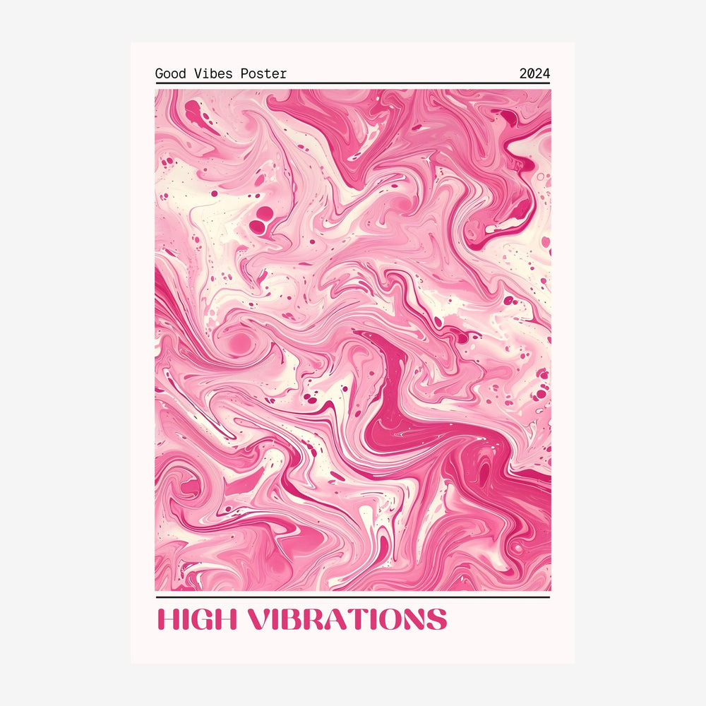 Affiche abstraite avec des formes ondulantes et marbrées en rose poudré et blanc crème, avec le texte « Good Vibes Poster ».