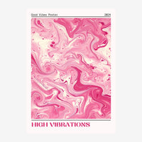 Affiche abstraite avec des formes ondulantes et marbrées en rose poudré et blanc crème, avec le texte « Good Vibes Poster ».