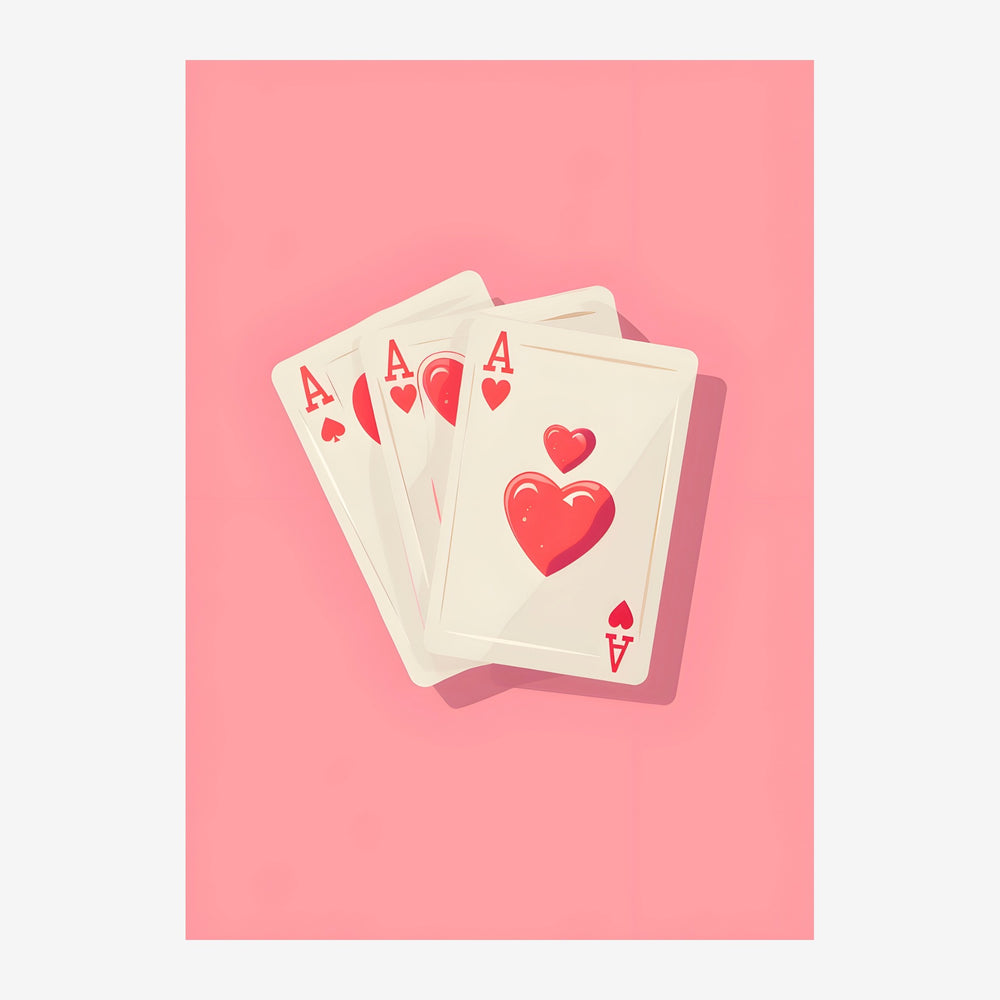 Quatre cartes à jouer aux cœurs rouges arrangées en éventail sur un fond rose clair, style illustration pop art.