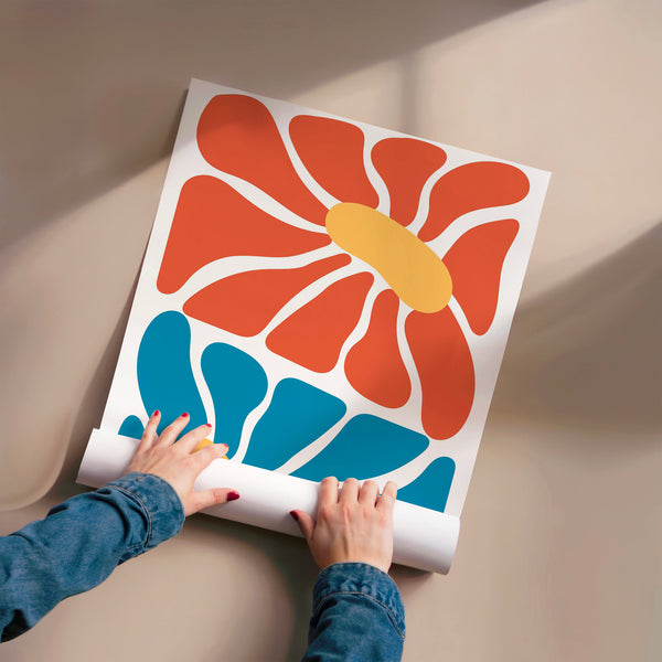 Fleurs pop art rétro bleu, corail et jaune — Poster HP mat