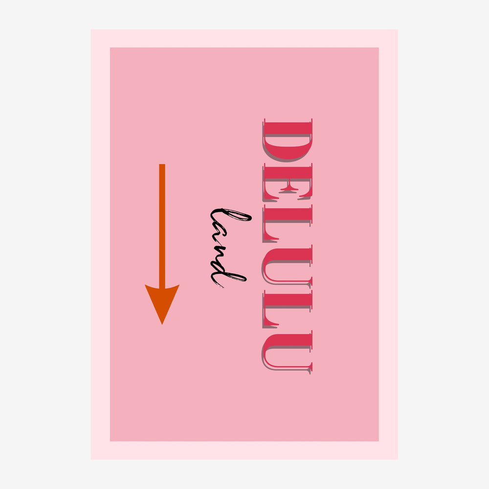 Affiche pop art rose avec le mot « Beautiful » en lettres rouges géométriques, une flèche orange descendante et une.