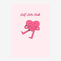 Un cœur rose fuchsia aux membres stylisés s'étreint lui-même en souriant, avec le texte « Self Love Club » inscrit au-dessus.