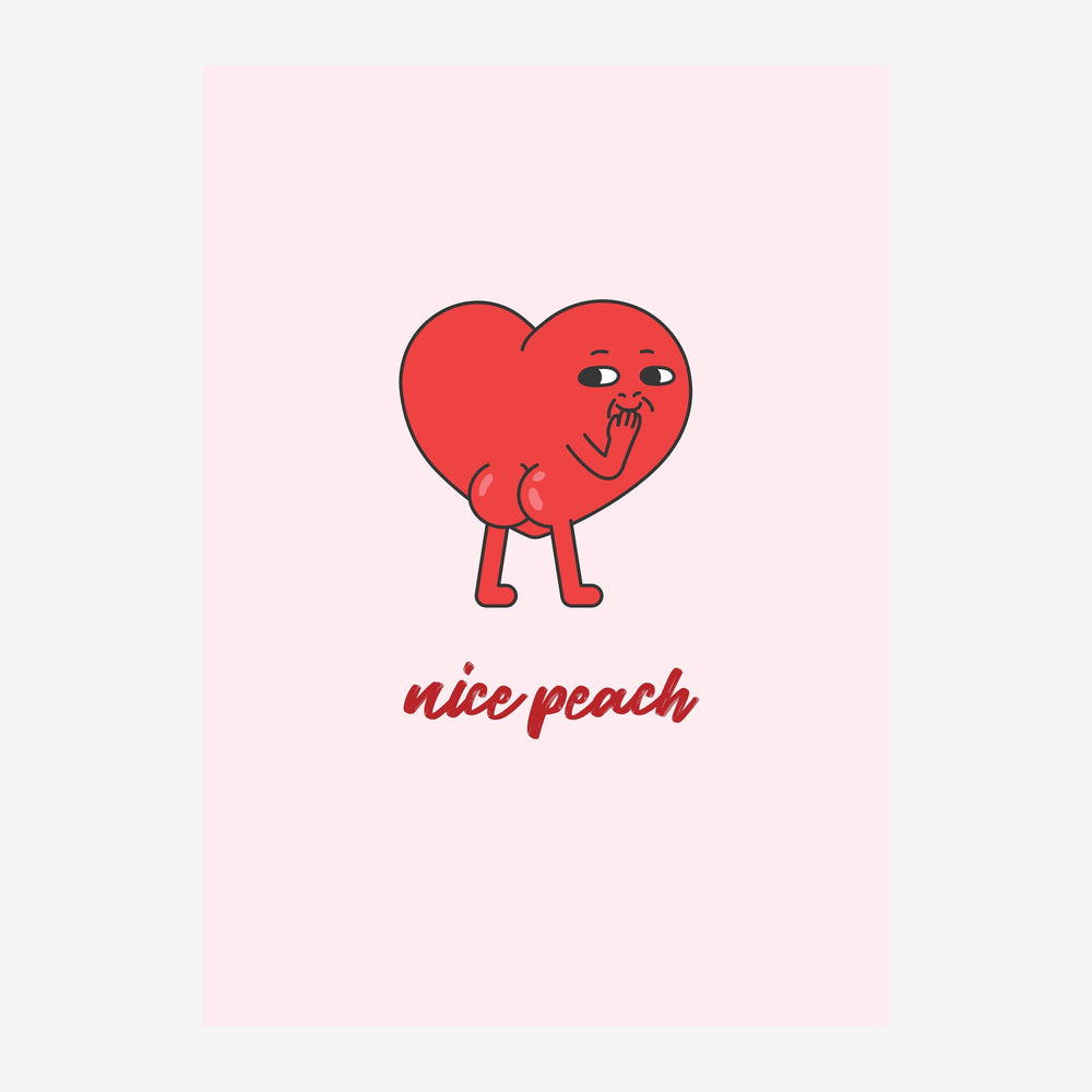 Illustration d'un cœur rouge anthropomorphe avec un visage souriant qui cligne de l'œil, deux petites jambes, sur fond rose.